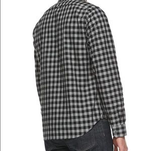 navy blue and gray plaid button up